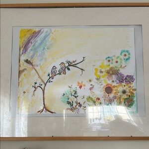 Pastel Watercolor Painting with Tree and Flowers